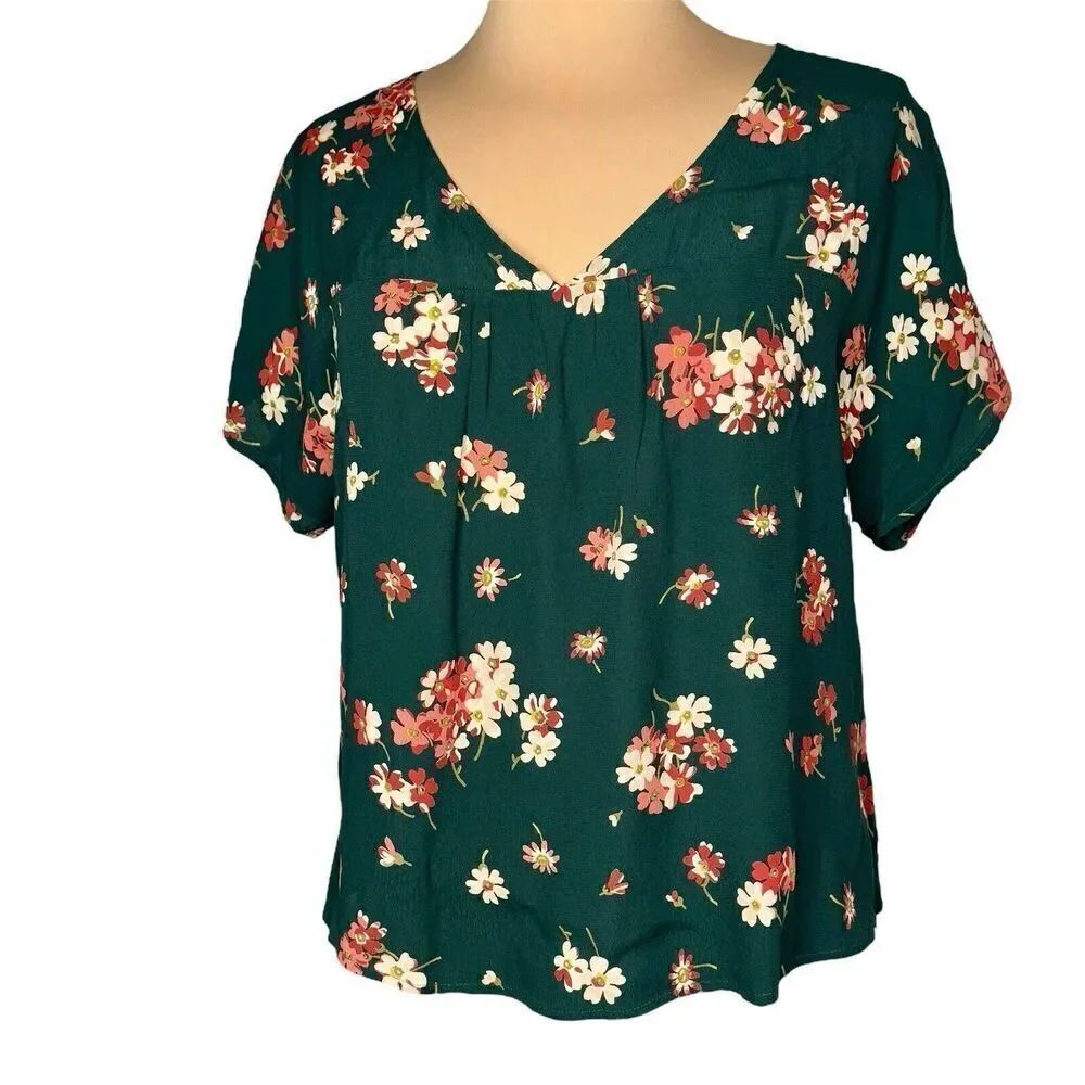 Madewell Sz XS Rhyme Top Spruce Blooms Floral Green AF659 V-Neck Women’s Flowy
